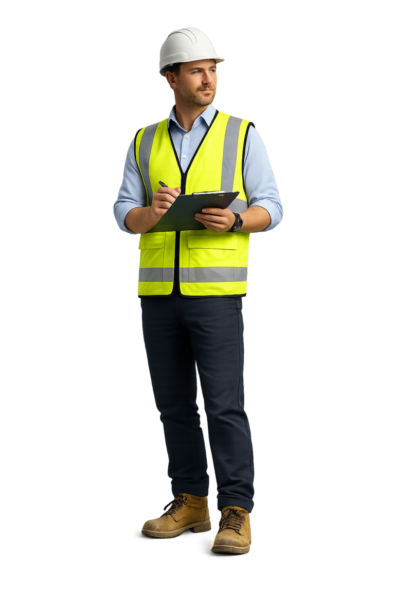 Construction worker in a bright safety vest and hard hat holding a clipboard and pen, ready to take notes.