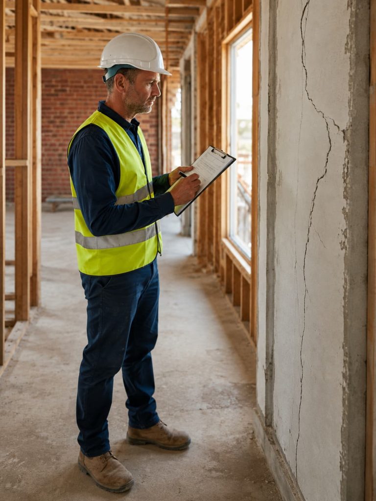 Construction supervisor in a high-visibility vest and hard hat writes on a clipboard inside an unfinished building.
