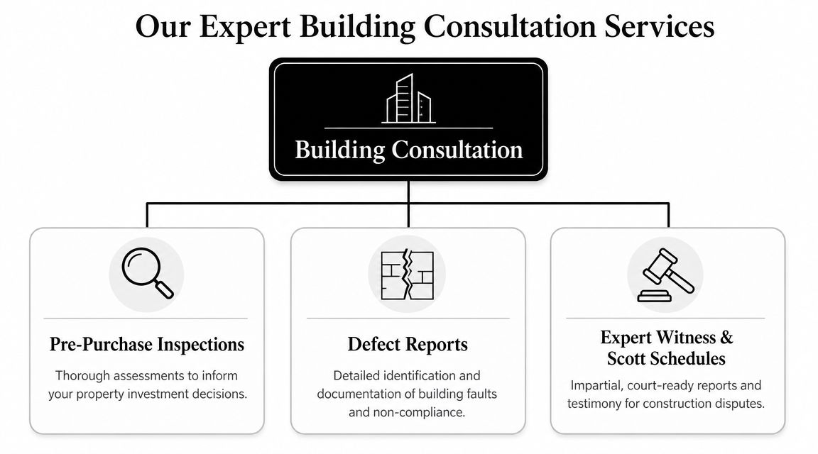 An organizational chart showing building consultation services including pre-purchase inspections, defect reports, and expert witness support.