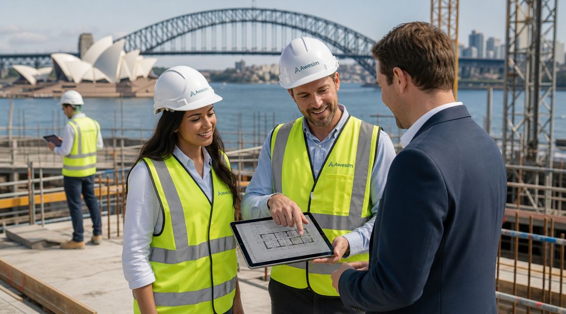 A team of construction professionals reviewing building plans on a digital tablet at a Sydney construction site.