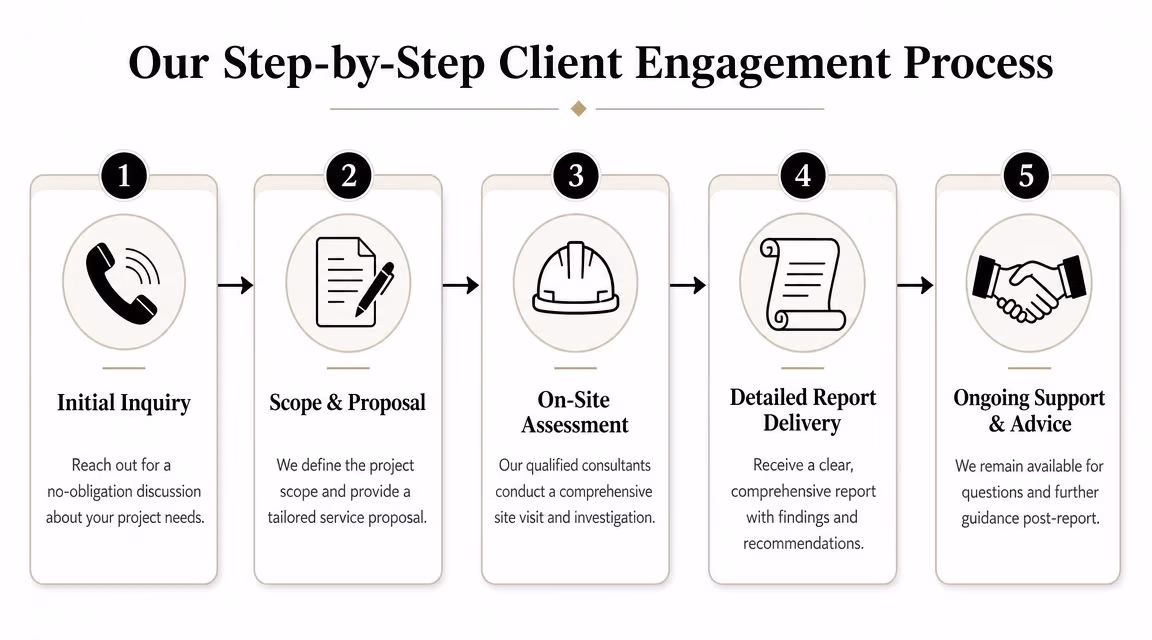 A five-step client engagement process infographic illustrating how to work with Awesim Building Consultants.