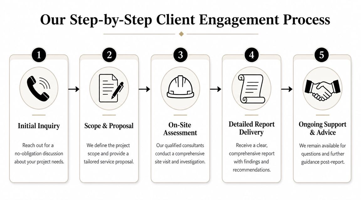 A five-step client engagement process infographic illustrating how to work with Awesim Building Consultants.