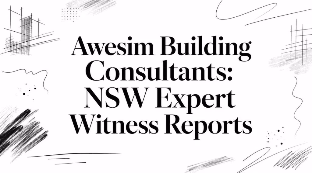 Banner with large serif headline: 'Awesim Building Consultants: NSW Expert Witness Reports' and abstract doodles around it