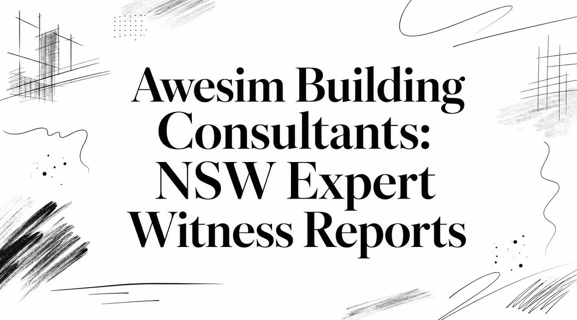 Banner with large serif headline: 'Awesim Building Consultants: NSW Expert Witness Reports' and abstract doodles around it