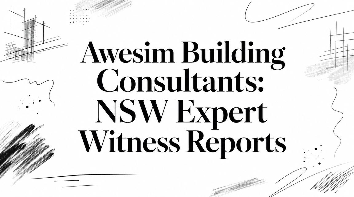 Banner with large serif headline: 'Awesim Building Consultants: NSW Expert Witness Reports' and abstract doodles around it