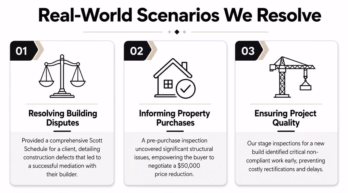 A graphic titled Real-World Scenarios We Resolve displaying three service categories with descriptive case study examples.