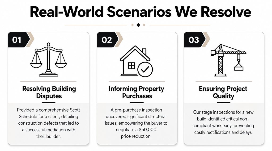 A graphic titled Real-World Scenarios We Resolve displaying three service categories with descriptive case study examples.