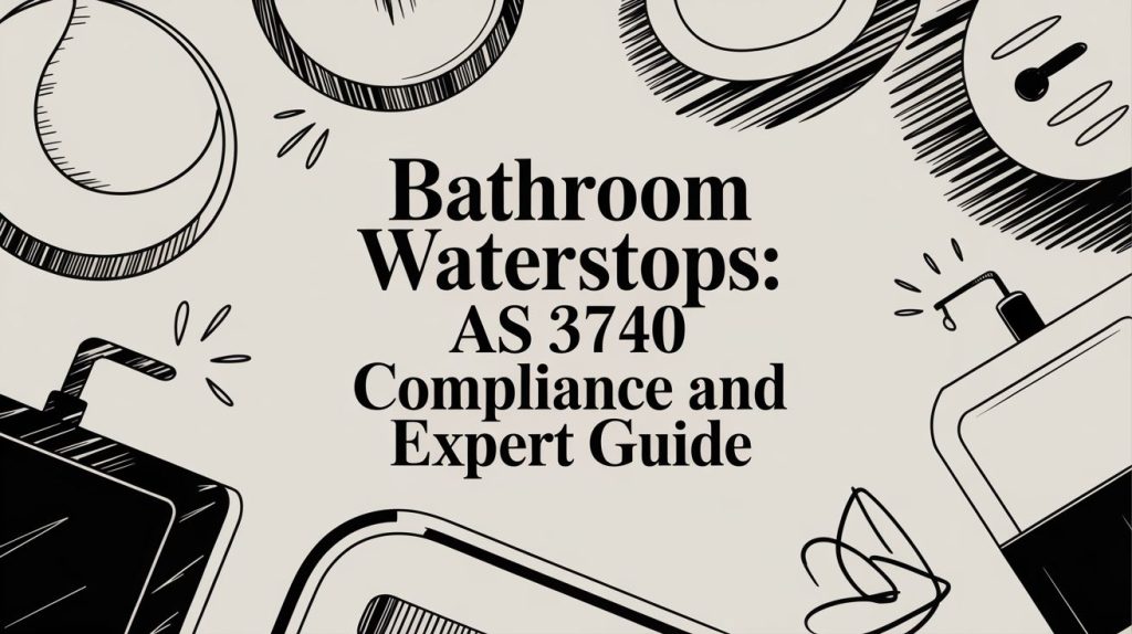 Cover graphic for 'Bathroom Waterstops: AS 3740 Compliance and Expert Guide' with black doodle bathroom items on a beige background, conveying a guide about bathroom waterstops.