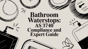 Cover graphic for 'Bathroom Waterstops: AS 3740 Compliance and Expert Guide' with black doodle bathroom items on a beige background, conveying a guide about bathroom waterstops.