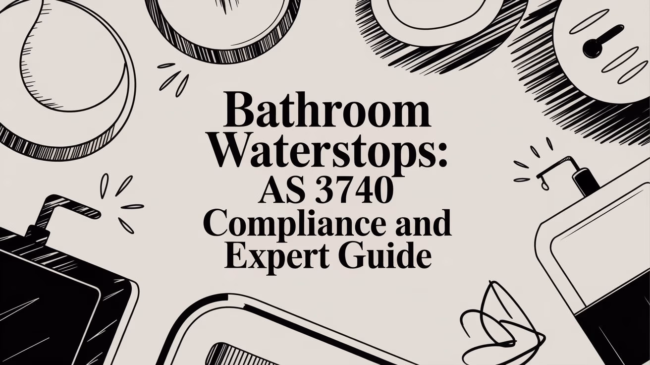 Cover graphic for 'Bathroom Waterstops: AS 3740 Compliance and Expert Guide' with black doodle bathroom items on a beige background, conveying a guide about bathroom waterstops.