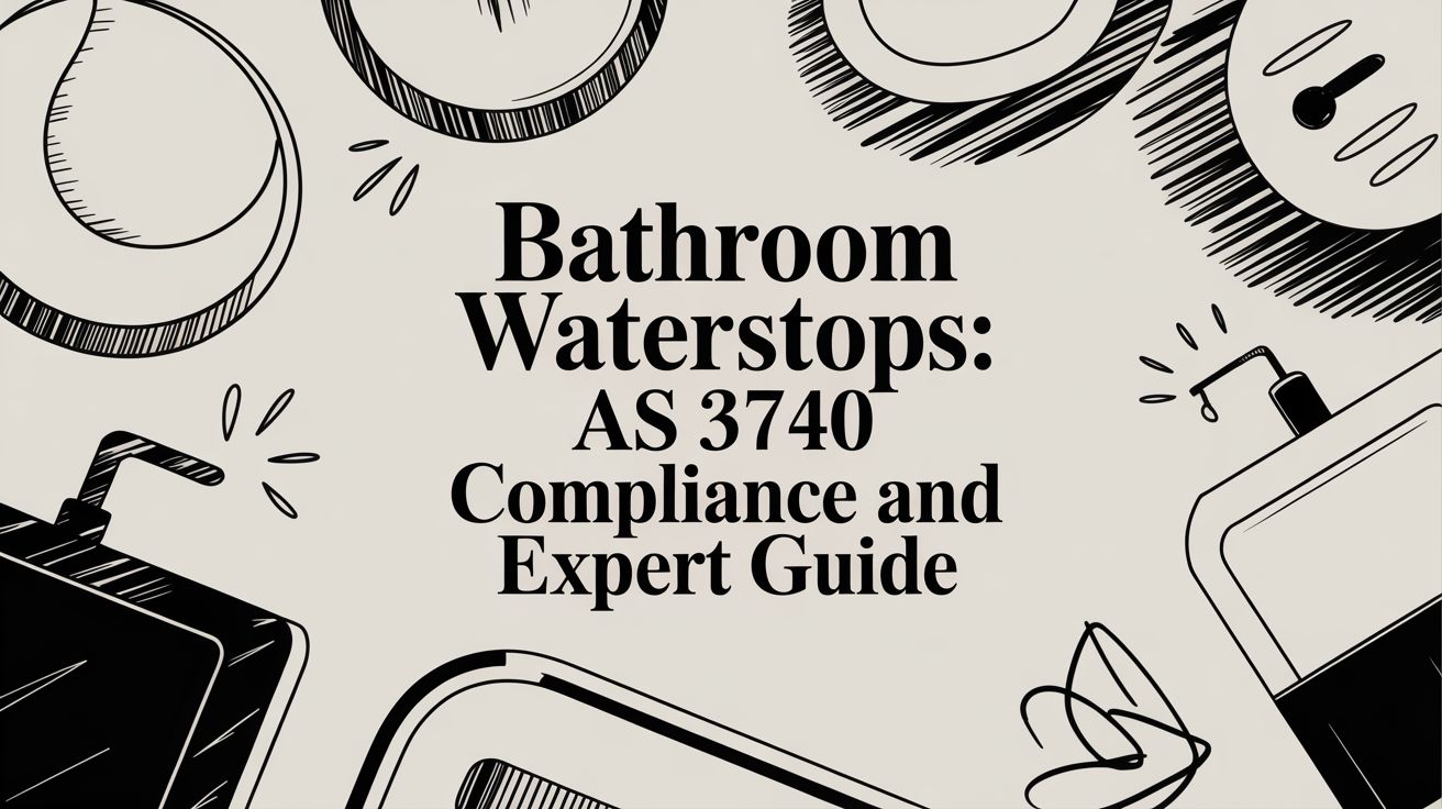 Cover graphic for 'Bathroom Waterstops: AS 3740 Compliance and Expert Guide' with black doodle bathroom items on a beige background, conveying a guide about bathroom waterstops.