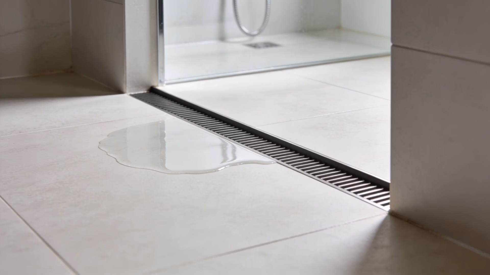 A small pool of water on the floor tiles in front of a modern bathroom shower drain.
