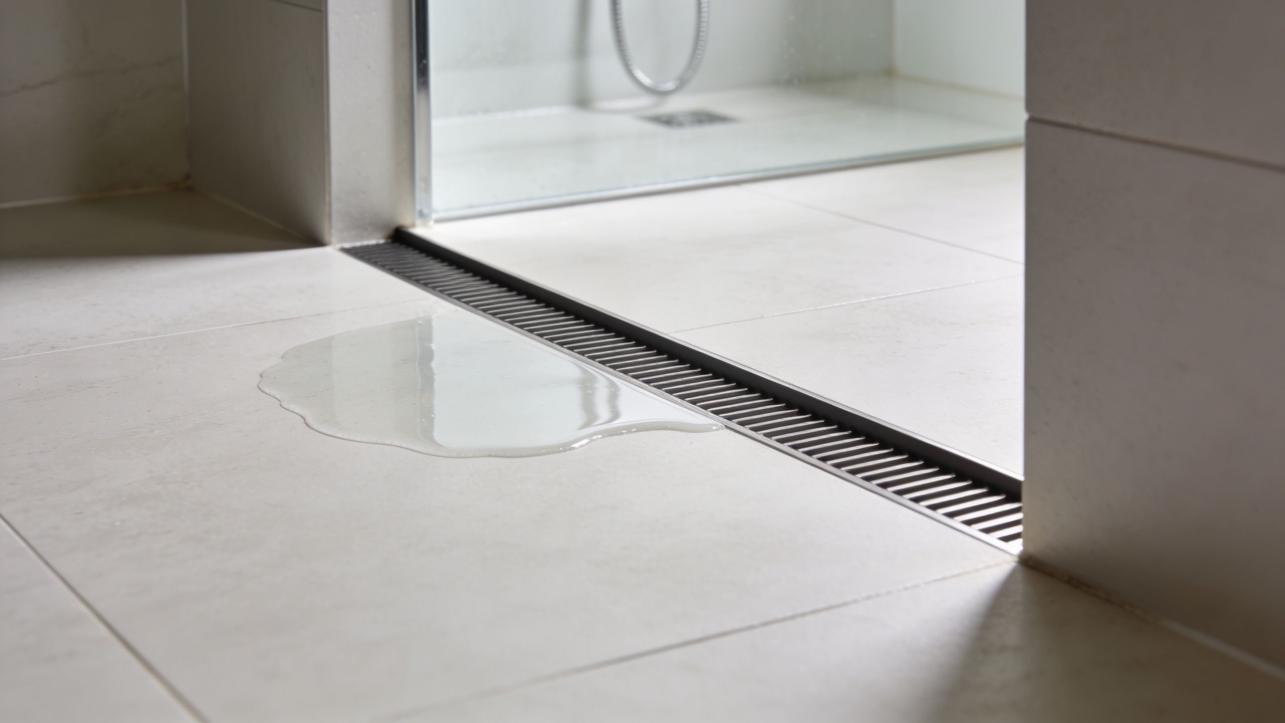 A small pool of water on the floor tiles in front of a modern bathroom shower drain.