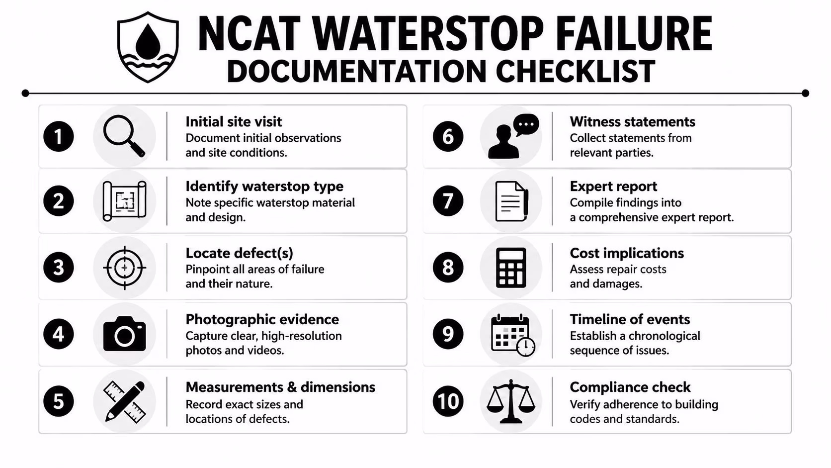 A 10-step checklist infographic for documenting construction site waterstop failures and inspection processes.