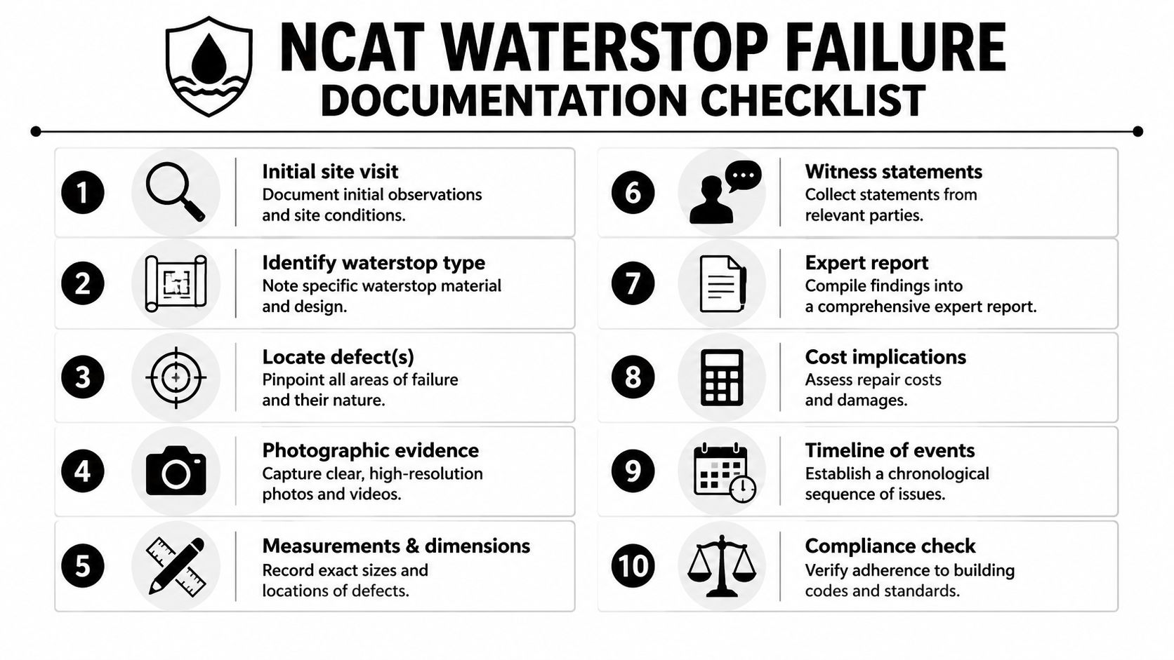 A 10-step checklist infographic for documenting construction site waterstop failures and inspection processes.