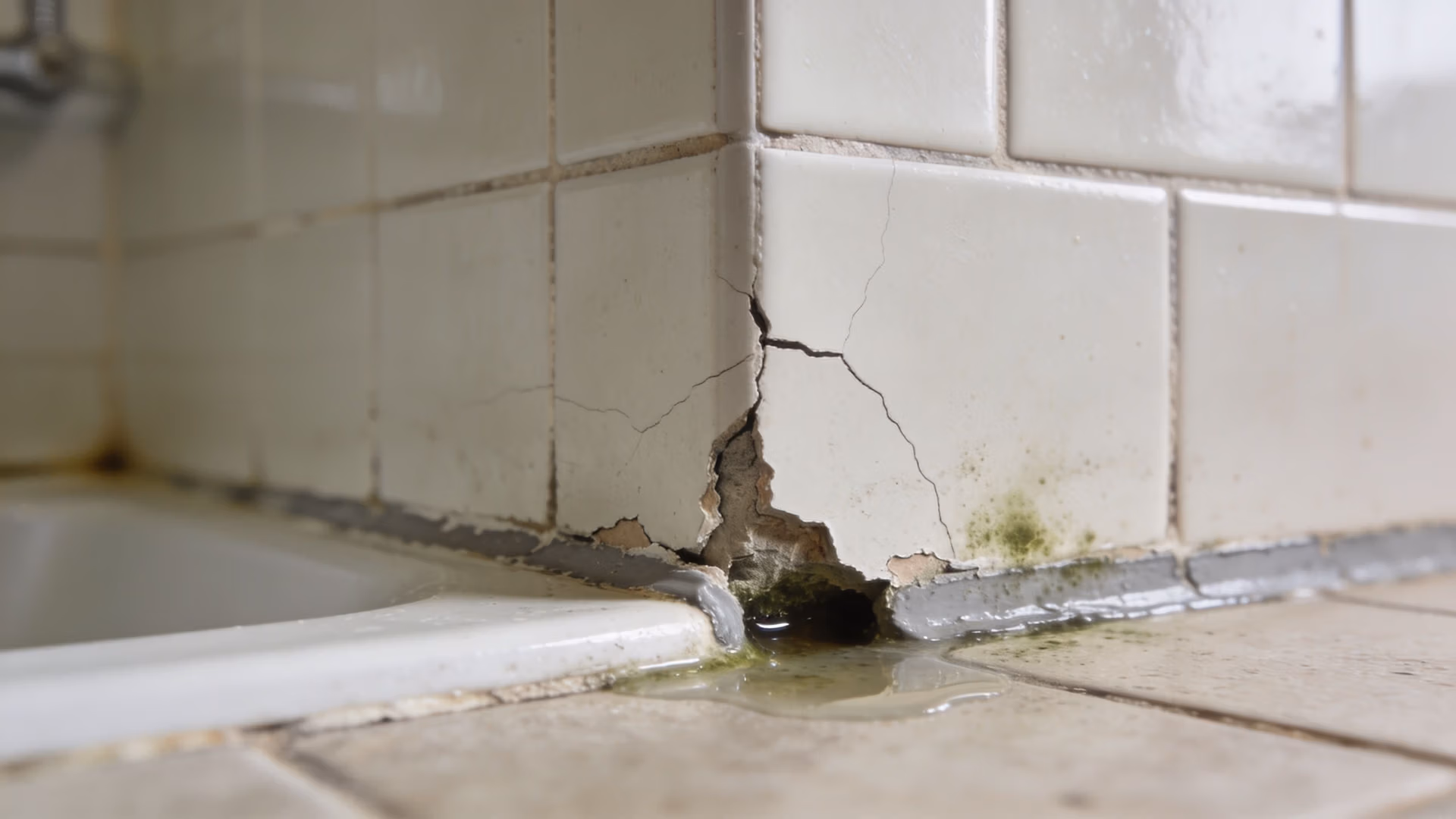 A damaged bathroom wall corner with cracked tiles, leaking water, and visible mold growth.