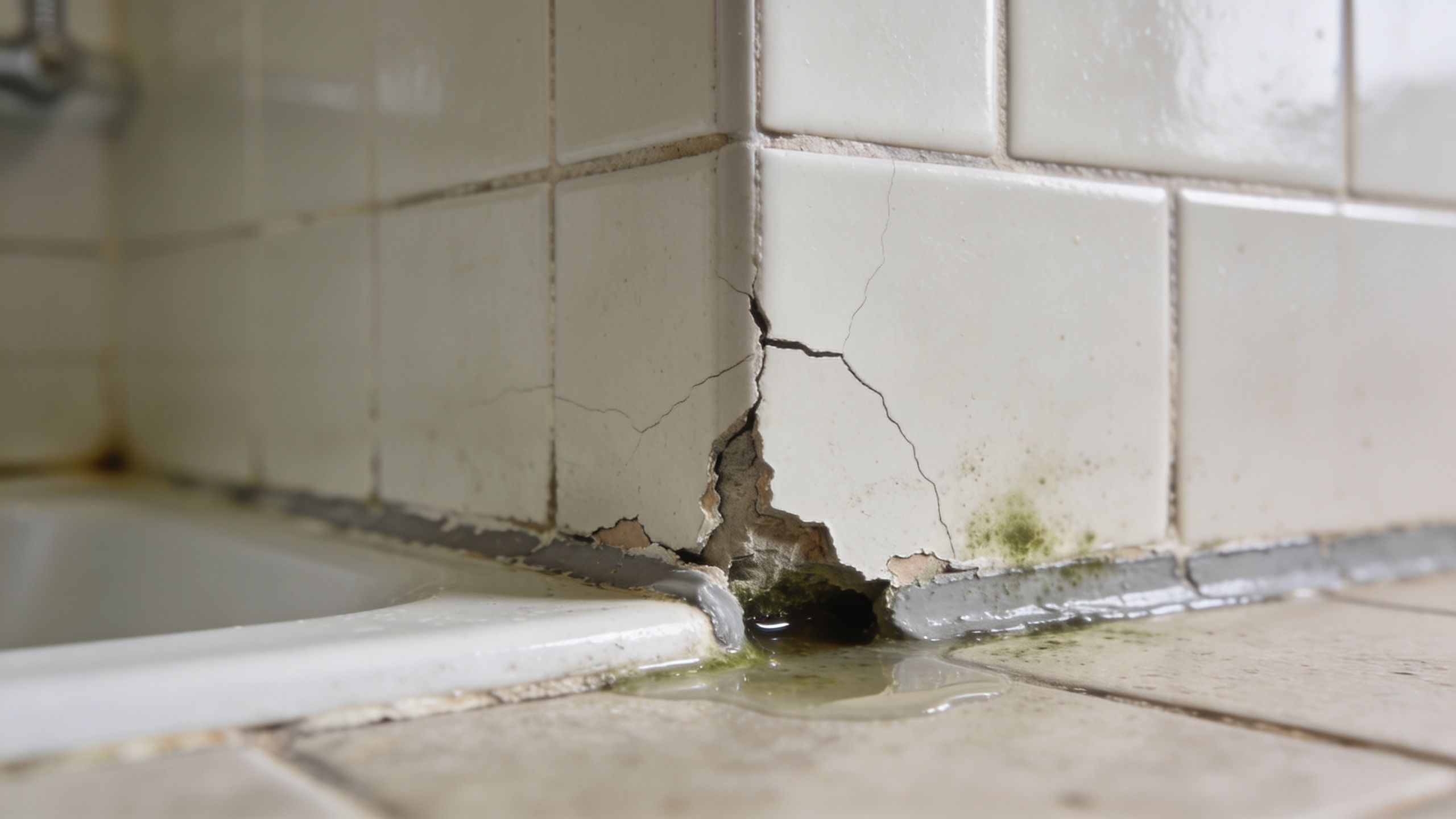 A damaged bathroom wall corner with cracked tiles, leaking water, and visible mold growth.