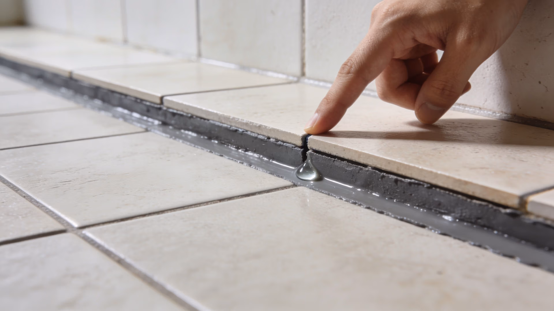 A person points to a clear drop of water leaking from a grout line in a tiled bathroom.