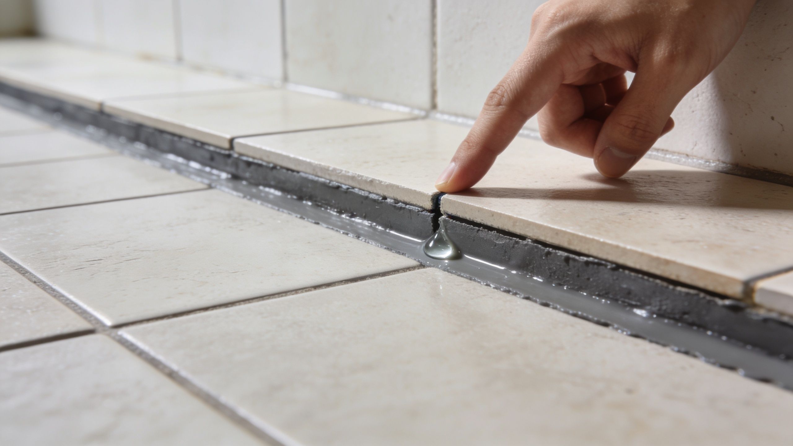 A person points to a clear drop of water leaking from a grout line in a tiled bathroom.