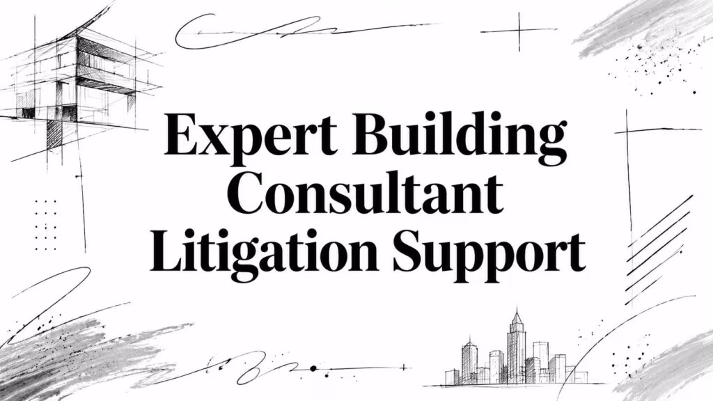 Banner reading 'Expert Building Consultant Litigation Support' with architectural sketches around it.