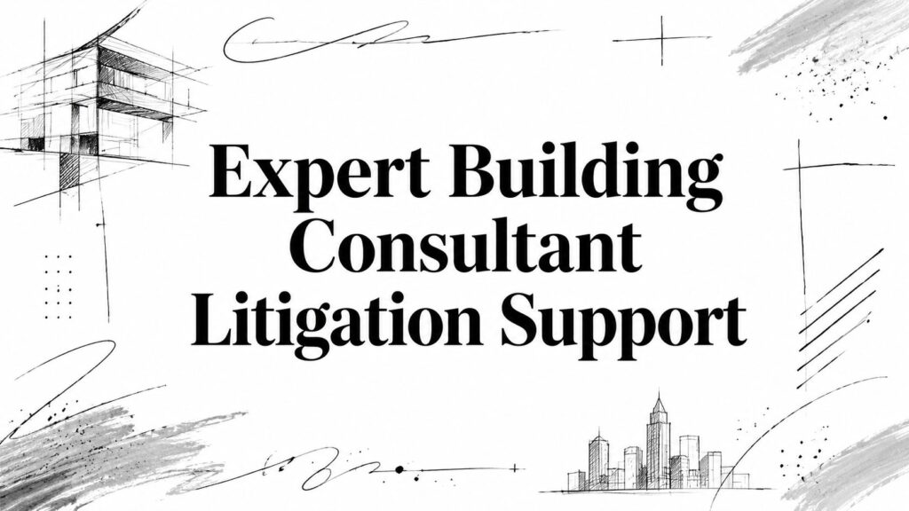 Banner reading 'Expert Building Consultant Litigation Support' with architectural sketches around it.