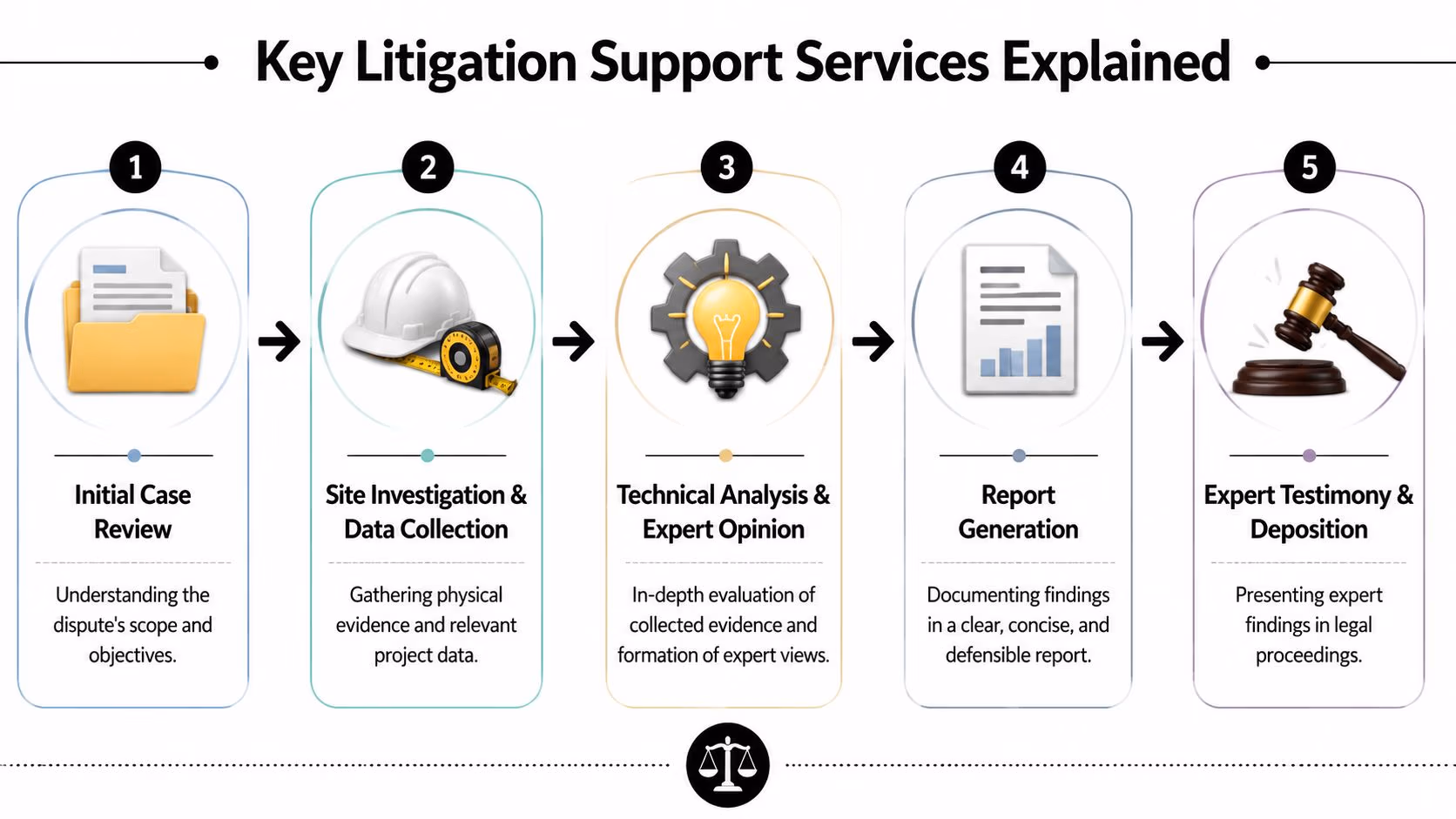 A flowchart infographic explaining five key steps in building consultant litigation support services, from initial review to testimony.