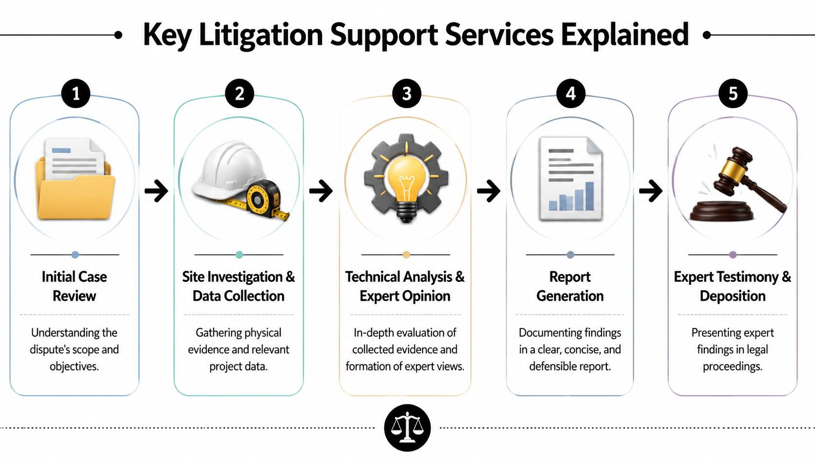 A flowchart infographic explaining five key steps in building consultant litigation support services, from initial review to testimony.