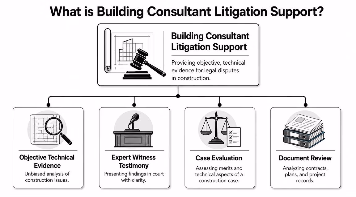 An infographic explaining the role of building consultant litigation support services in the construction industry.