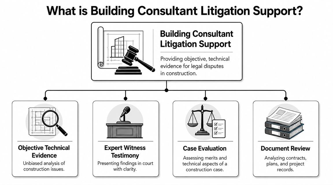 An infographic explaining the role of building consultant litigation support services in the construction industry.