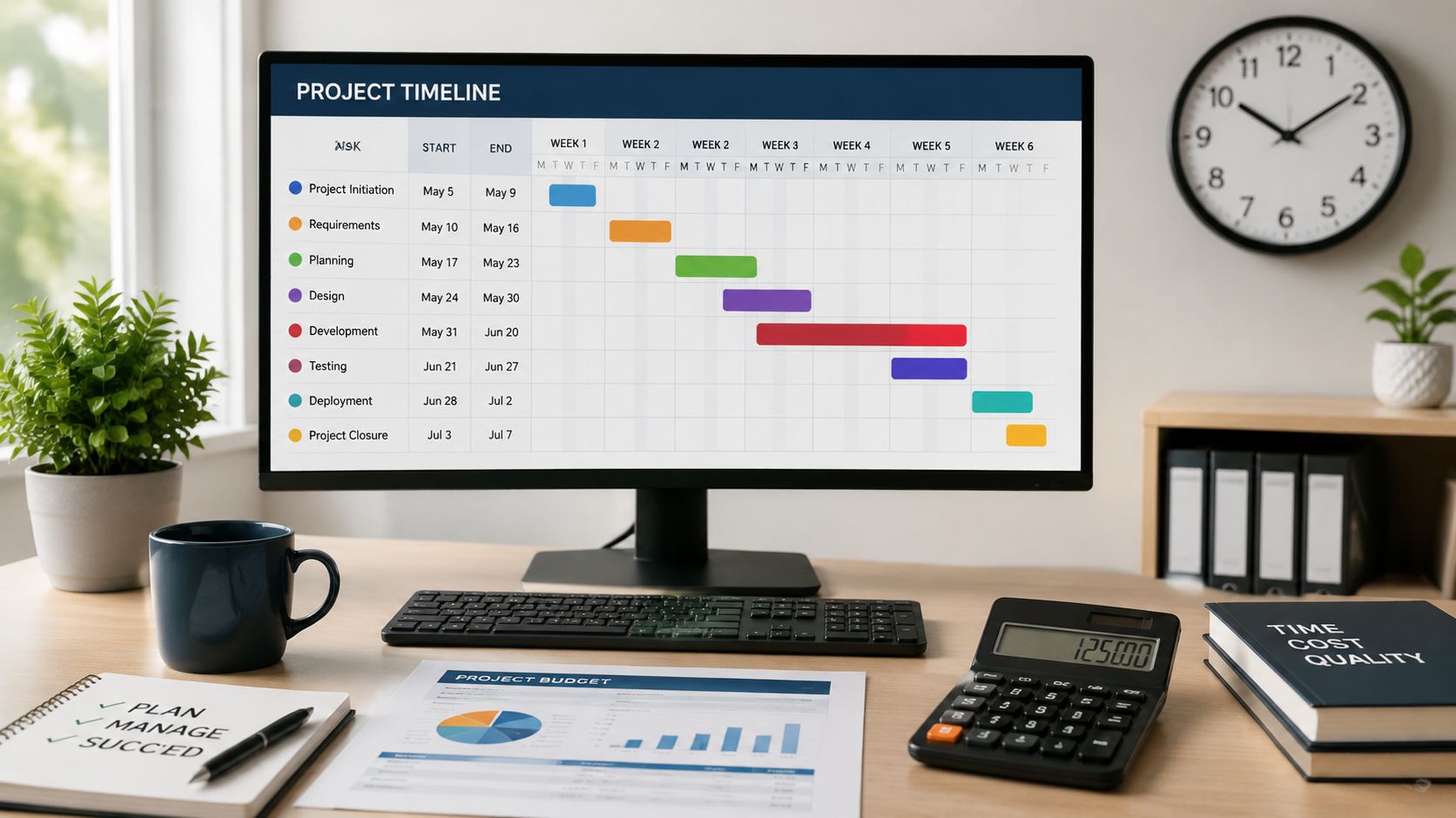 A computer screen displaying a detailed project timeline on a desk with office supplies and calculator.