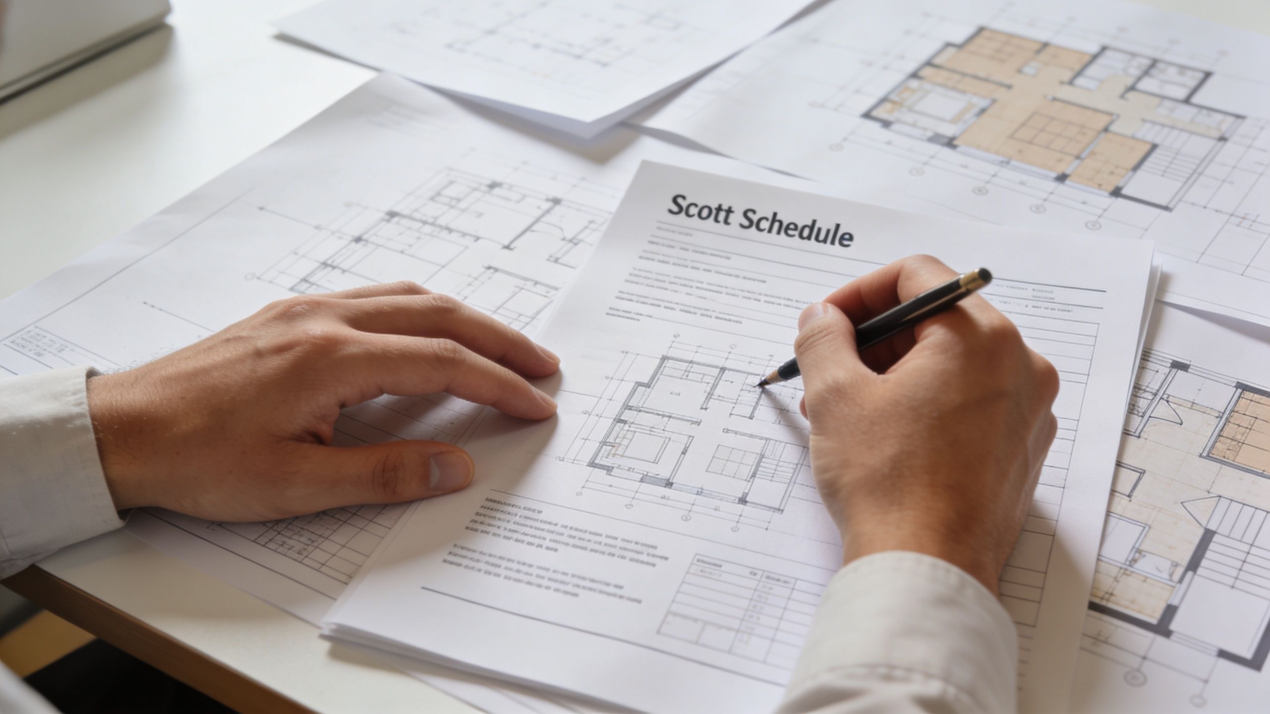 A professional building consultant meticulously reviews and annotates a construction project's Scott Schedule document and floor plans.