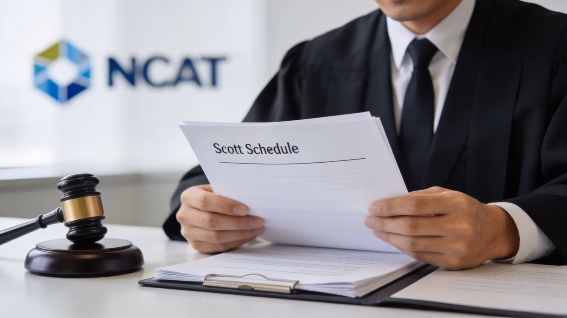 A judge in a black robe holding a legal document titled Scott Schedule at a desk.