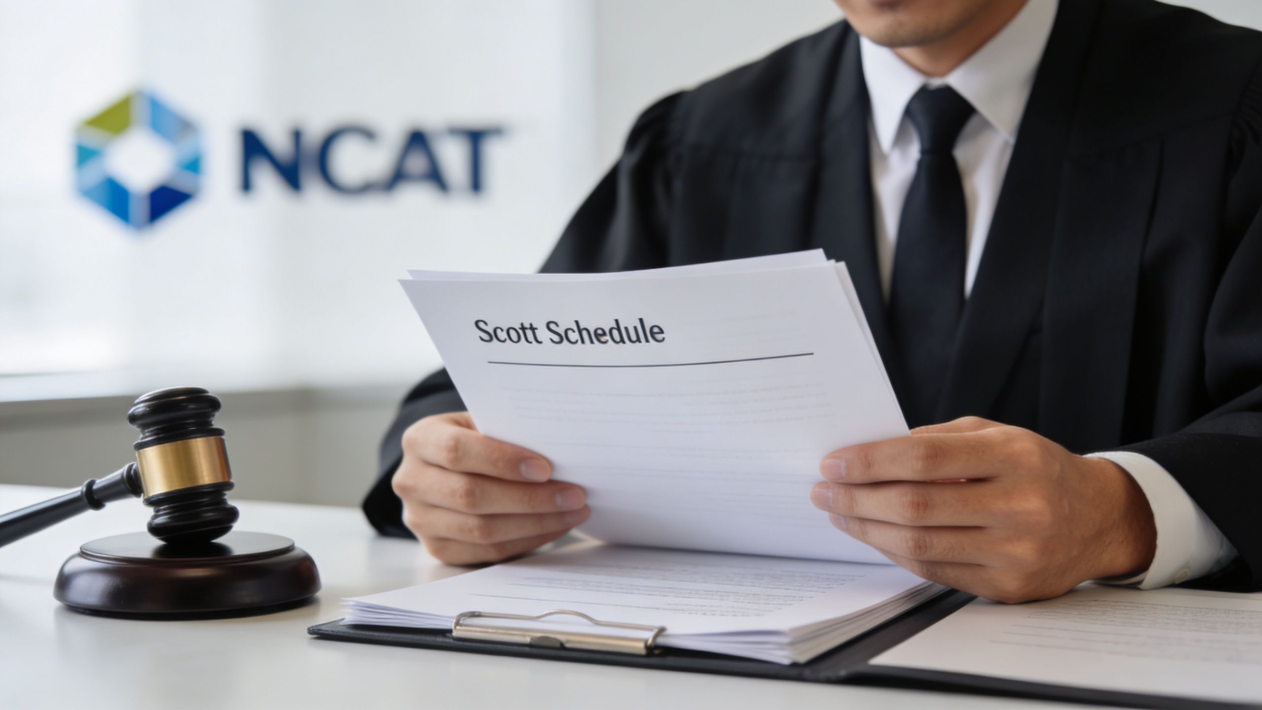 A judge in a black robe holding a legal document titled Scott Schedule at a desk.