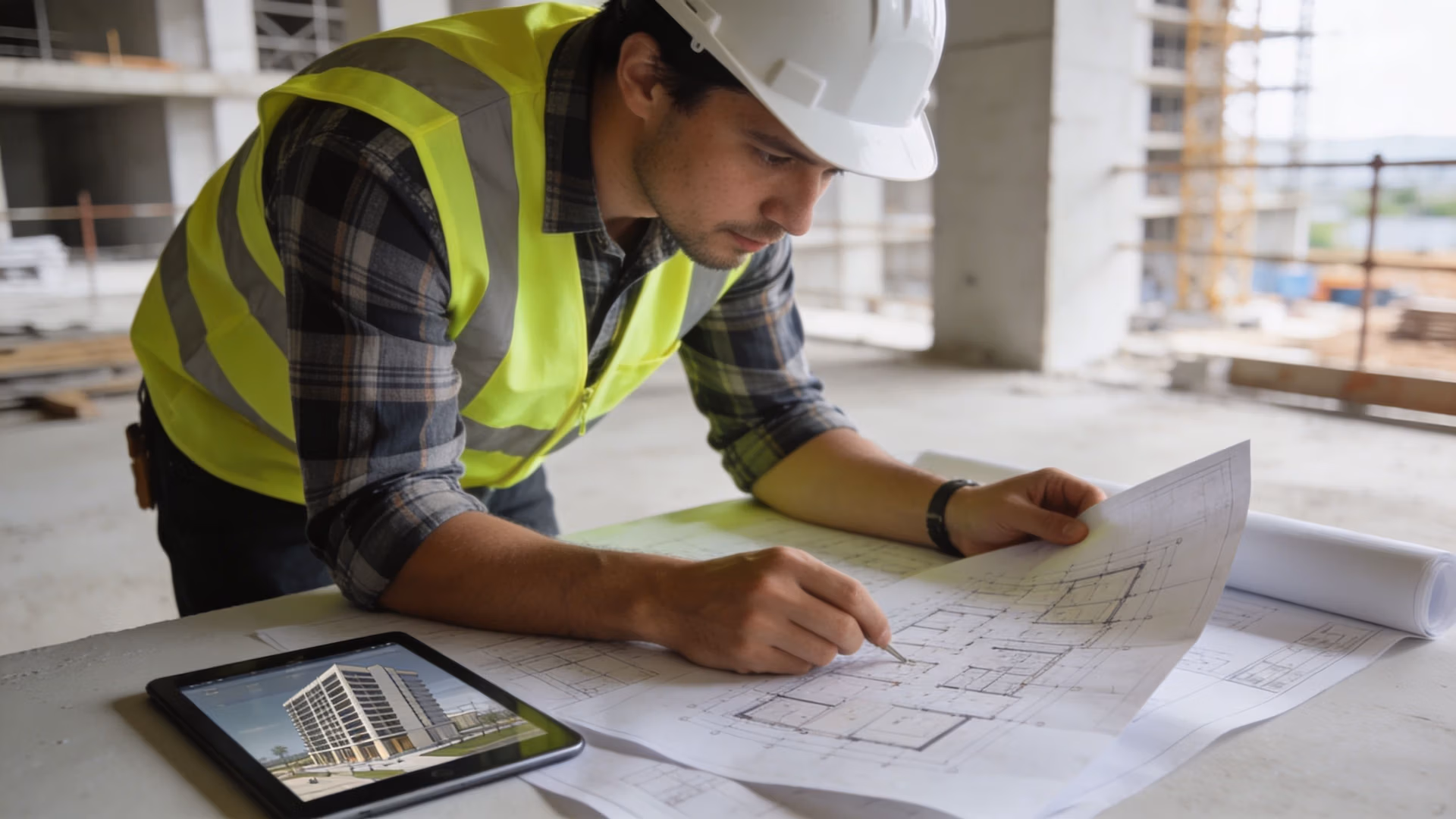 A construction engineer in a white hard hat and safety vest reviewing floor plans on a site.