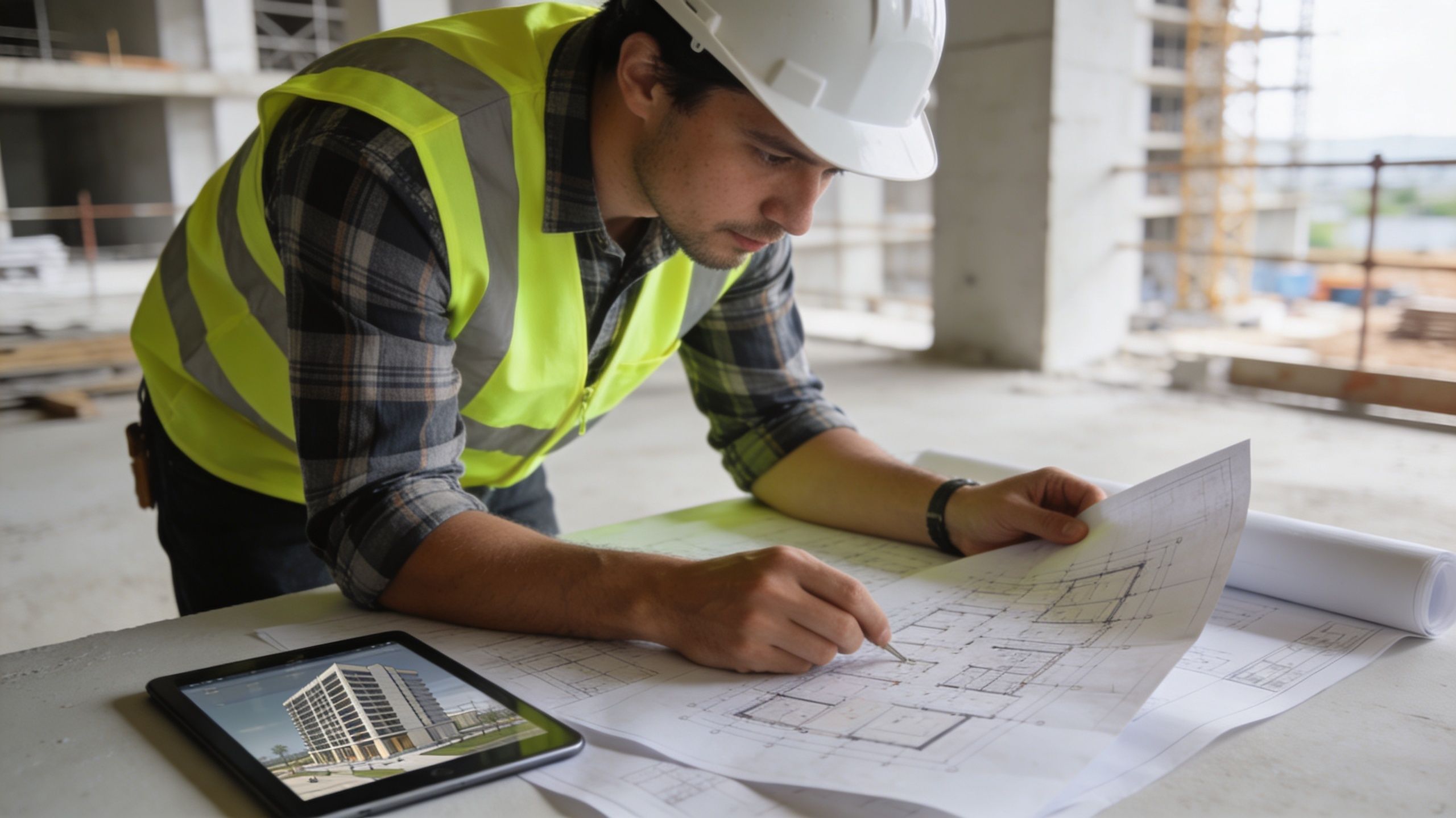 A construction engineer in a white hard hat and safety vest reviewing floor plans on a site.