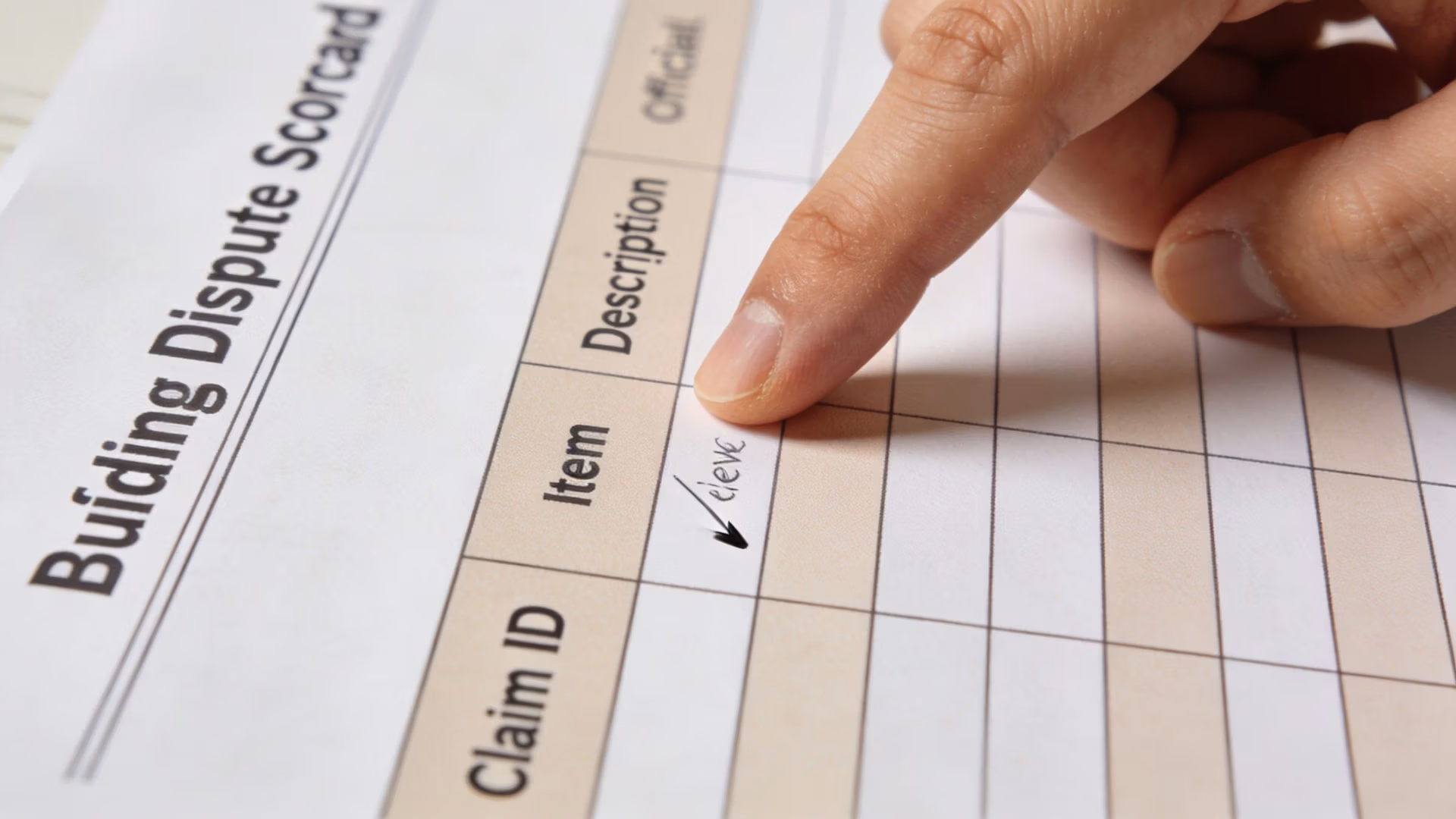 A hand pointing to a Building Dispute Scorecard form with the word eleve written in the item column.