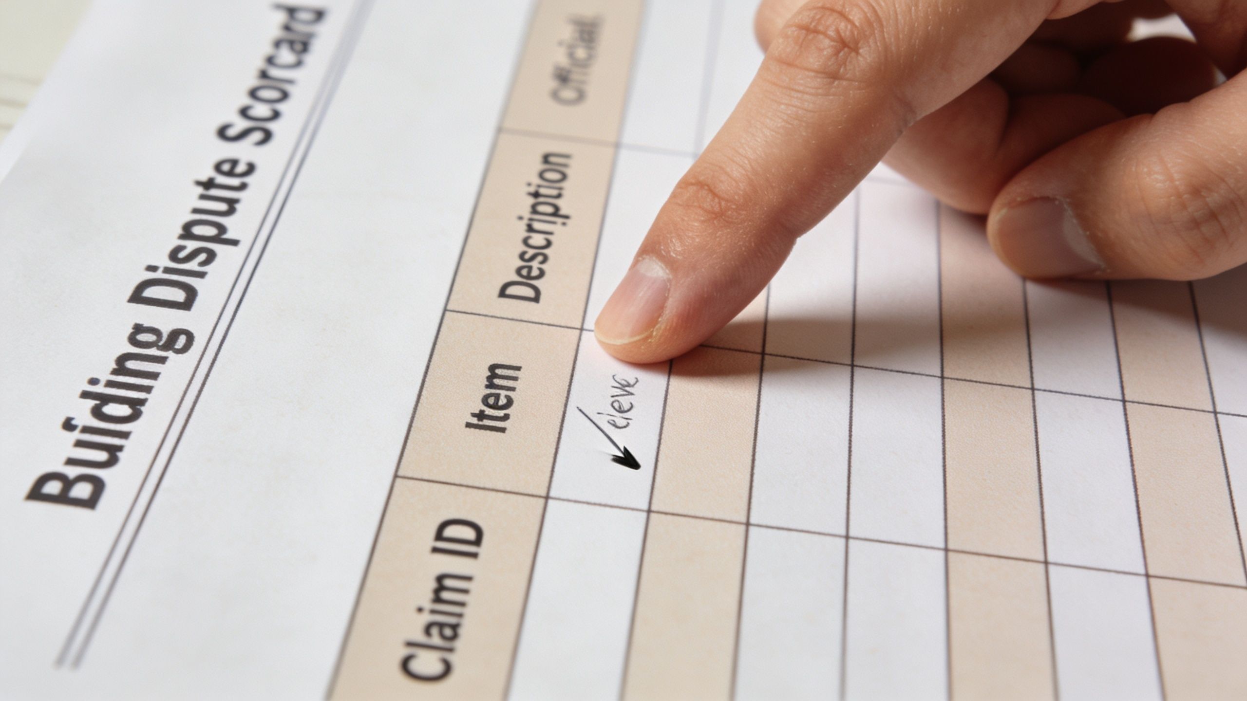 A hand pointing to a Building Dispute Scorecard form with the word eleve written in the item column.
