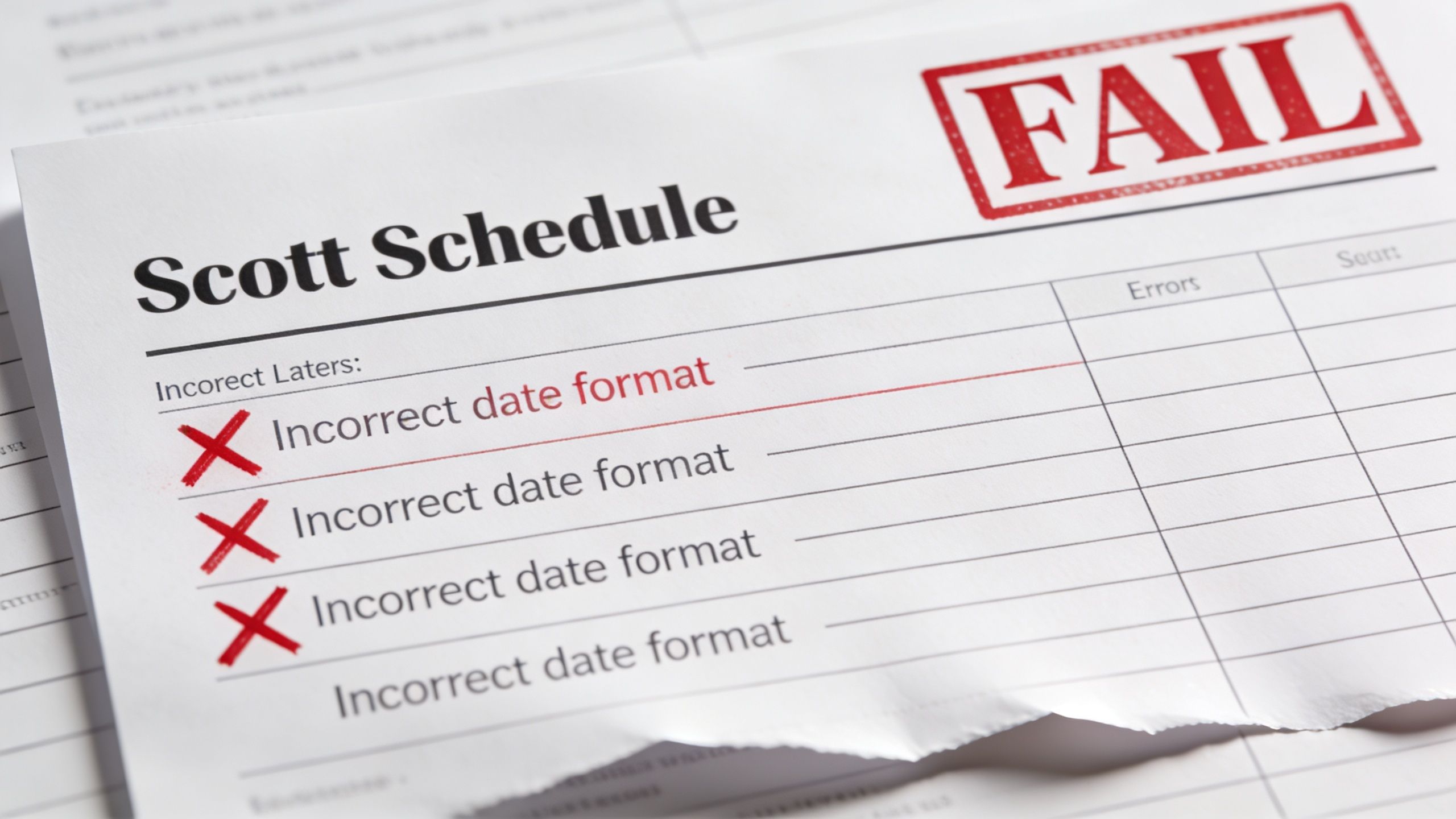 A document titled Scott Schedule marked with a red FAIL stamp due to incorrect date formats.