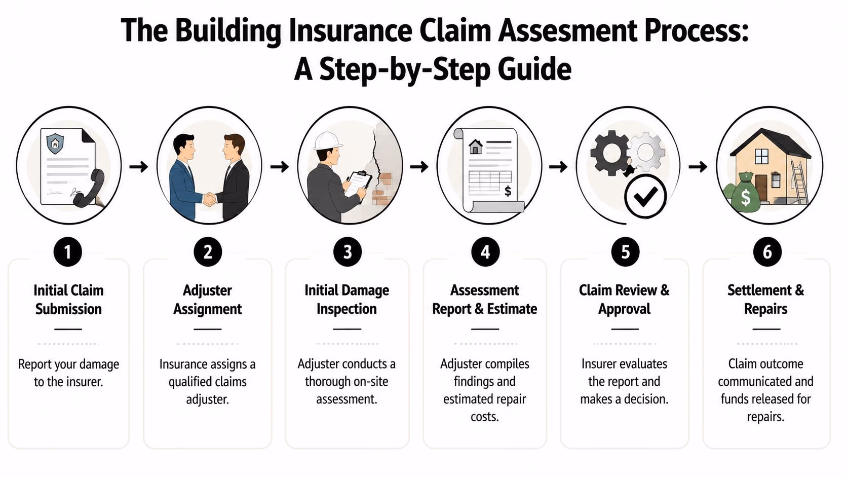 A six-step infographic detailing the building insurance claim assessment process from submission to final settlement and repairs.