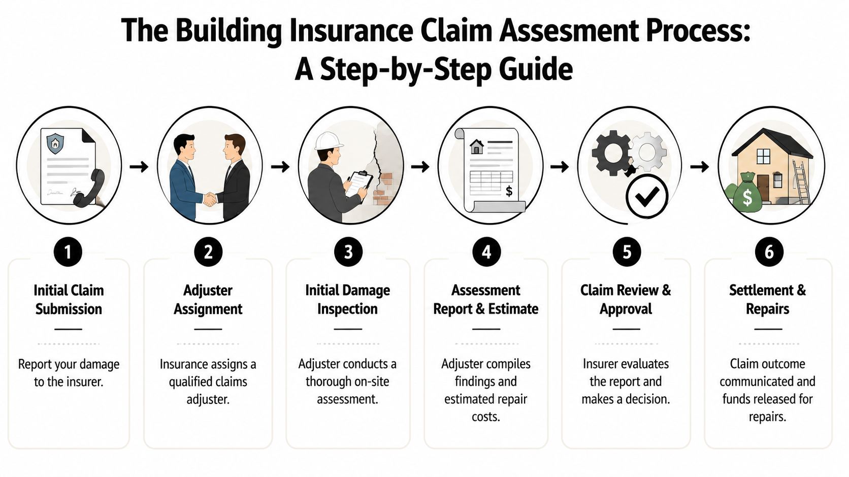 A six-step infographic detailing the building insurance claim assessment process from submission to final settlement and repairs.