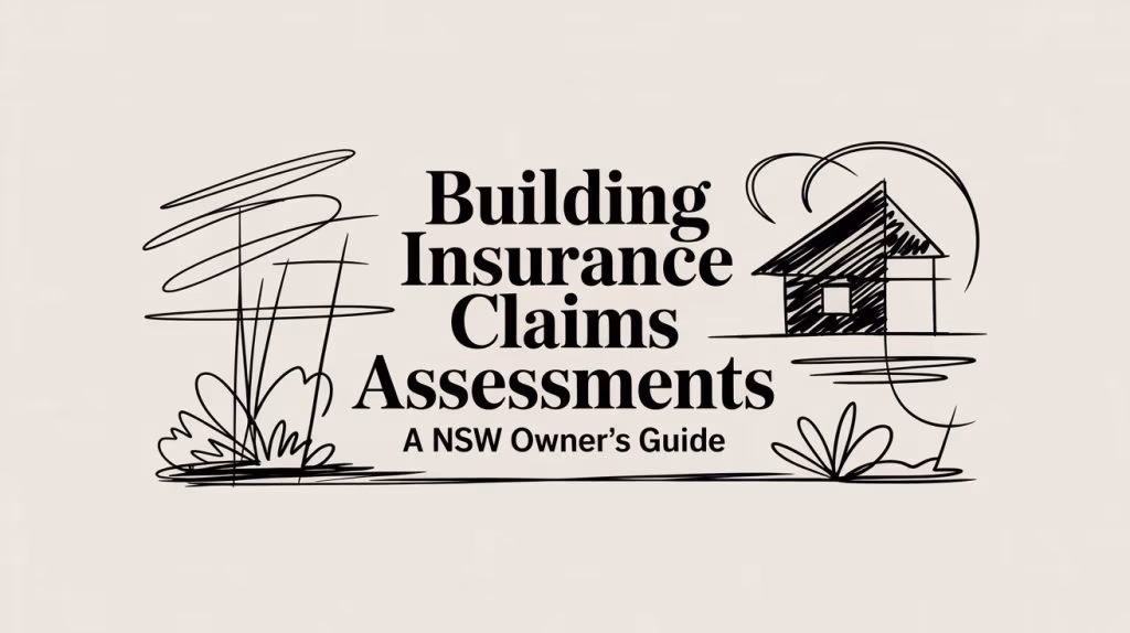 Informational title card: 'Building Insurance Claims Assessments — A NSW Owner's Guide' with a simple house doodle and abstract plants.