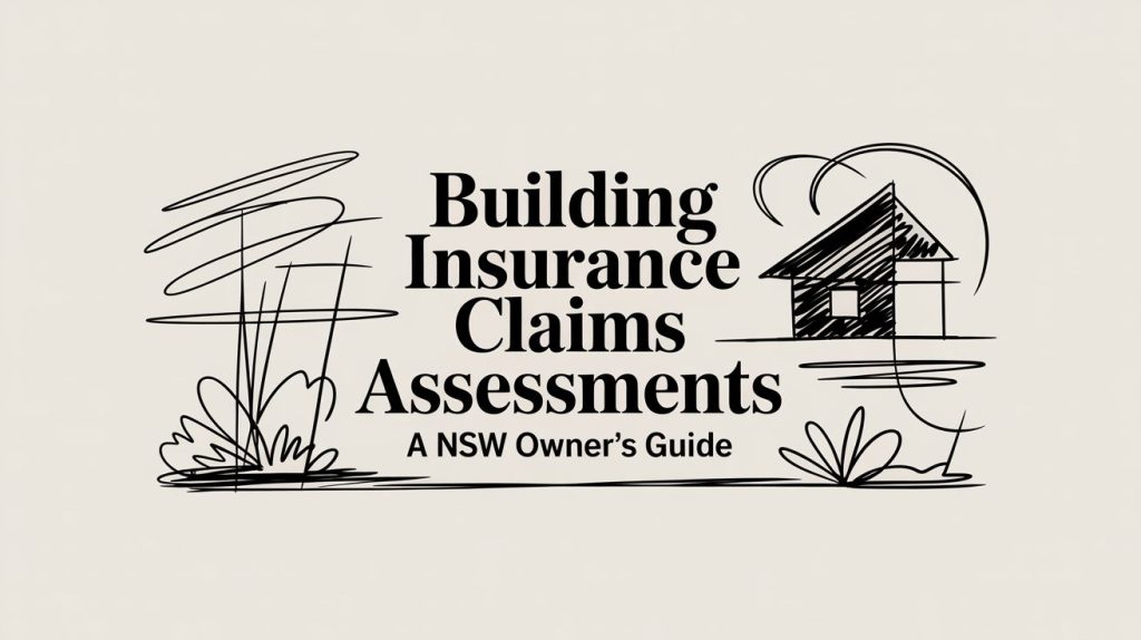 Informational title card: 'Building Insurance Claims Assessments — A NSW Owner's Guide' with a simple house doodle and abstract plants.