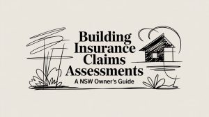 Informational title card: 'Building Insurance Claims Assessments — A NSW Owner's Guide' with a simple house doodle and abstract plants.