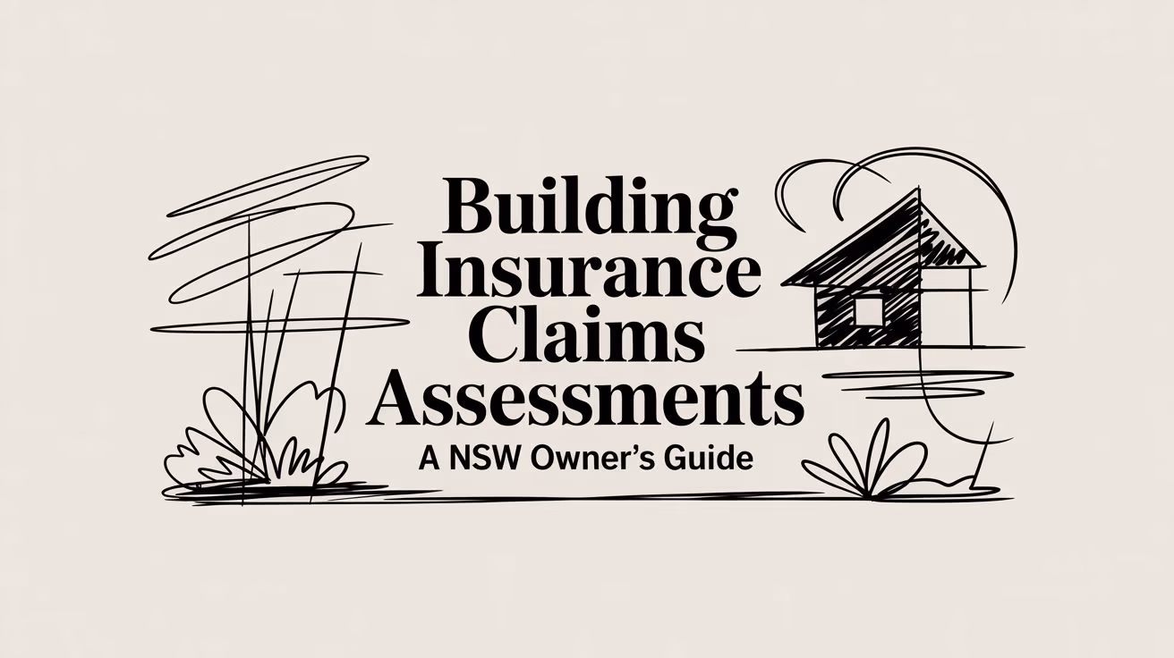 Informational title card: 'Building Insurance Claims Assessments — A NSW Owner's Guide' with a simple house doodle and abstract plants.