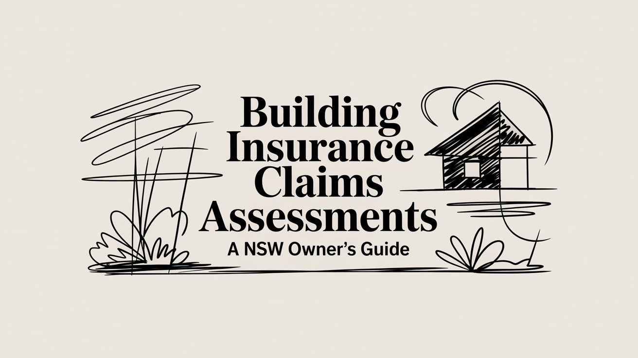 Informational title card: 'Building Insurance Claims Assessments — A NSW Owner's Guide' with a simple house doodle and abstract plants.