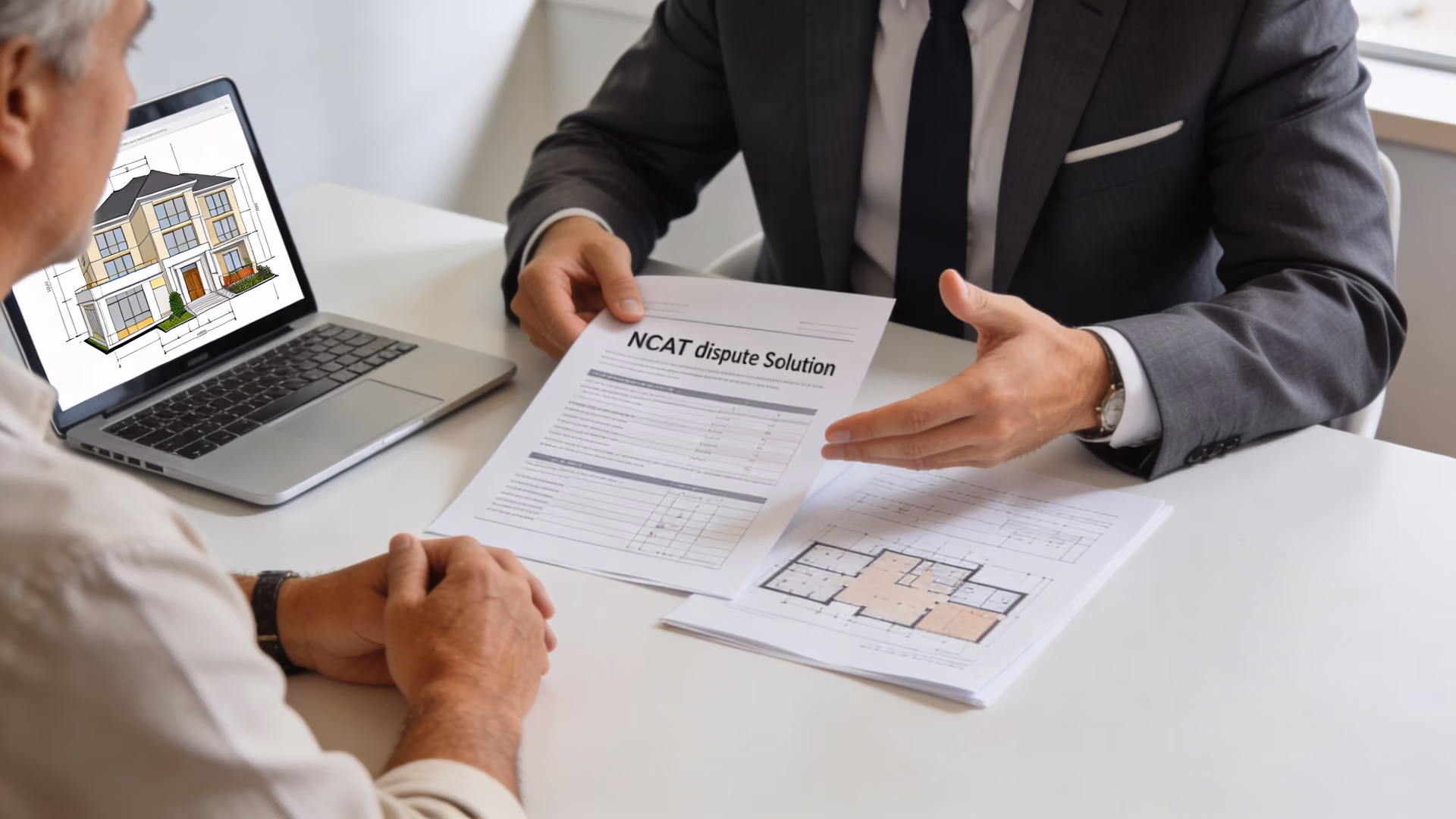 A professional advisor presenting a construction dispute document to a client during a building insurance claim meeting.