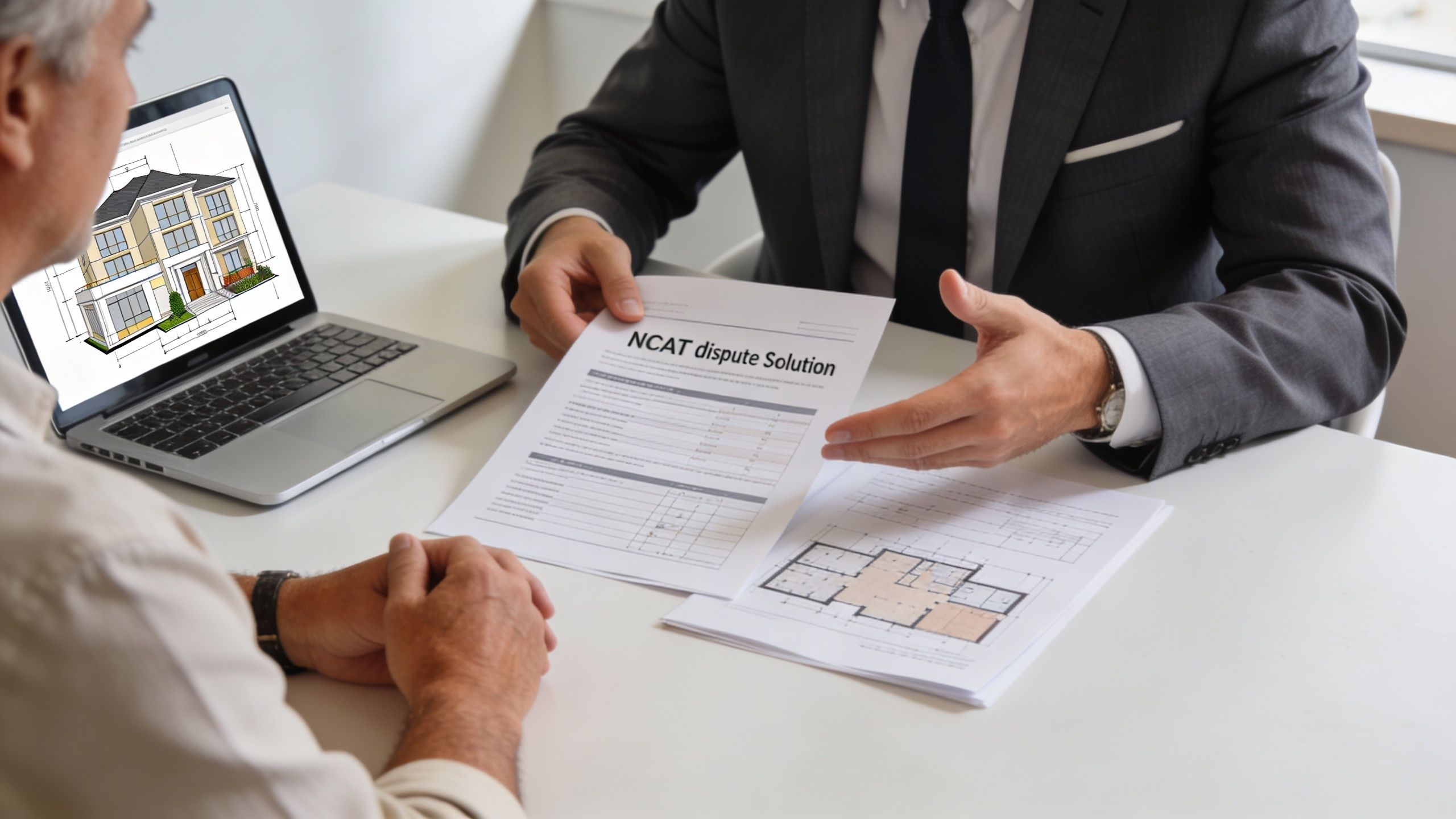 A professional advisor presenting a construction dispute document to a client during a building insurance claim meeting.