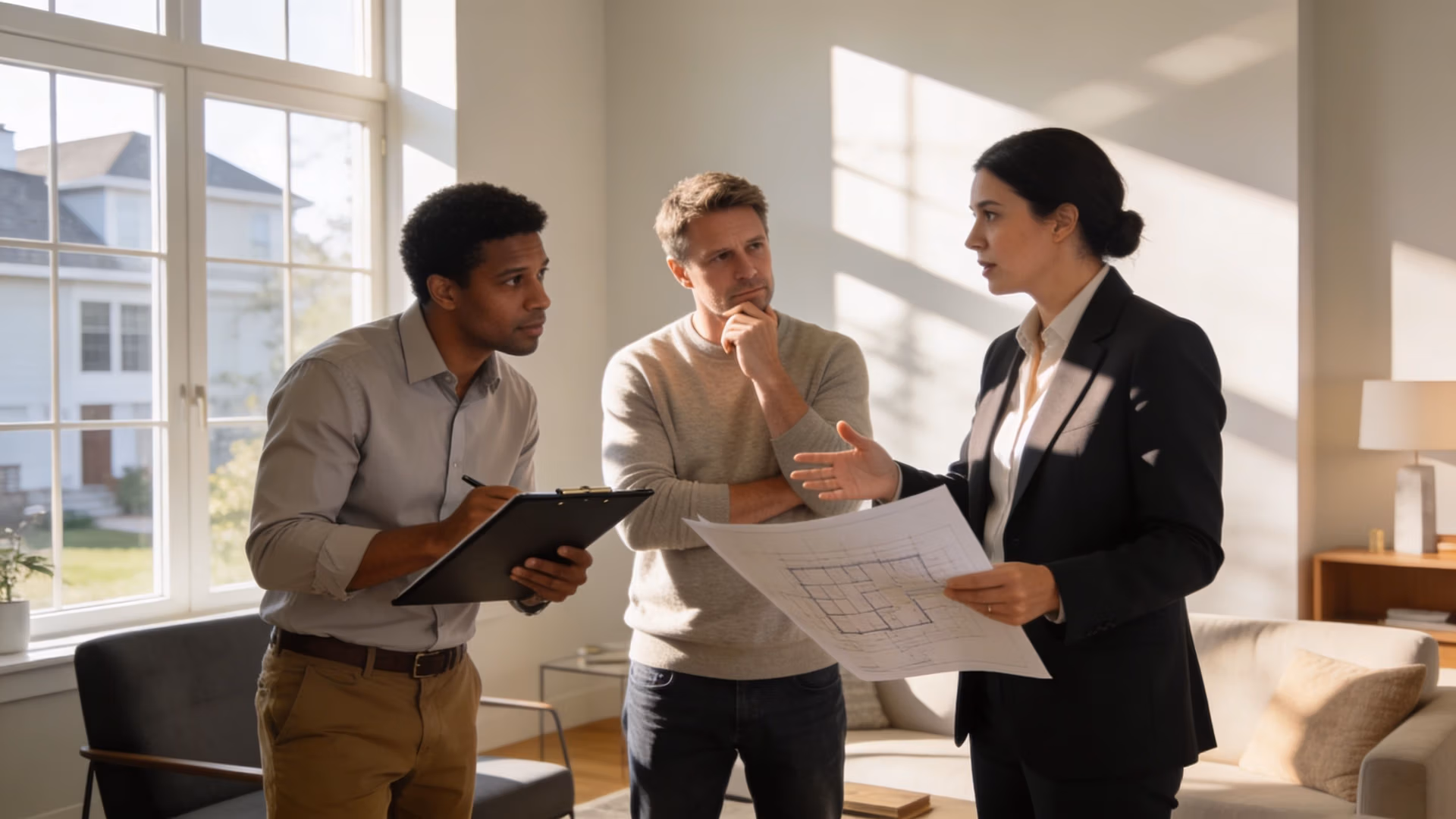 A professional woman in a suit discusses architectural blueprints with two men in an office setting.