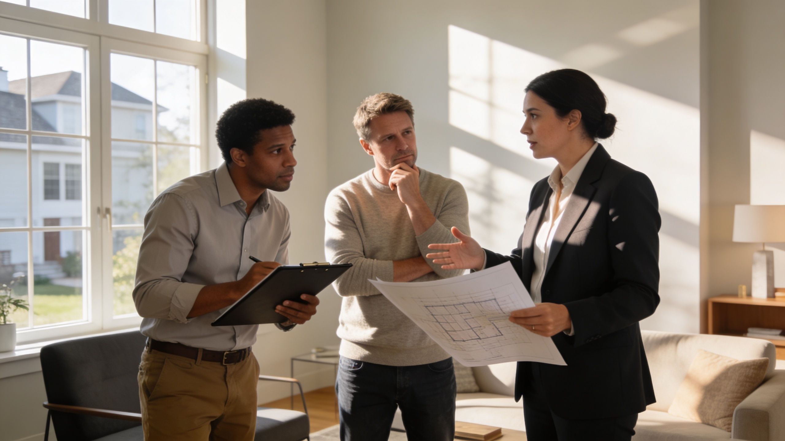 A professional woman in a suit discusses architectural blueprints with two men in an office setting.