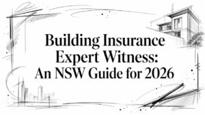 Cover page with hand-drawn building sketches surrounding the title 'Building Insurance Expert Witness: An NSW Guide for 2026'